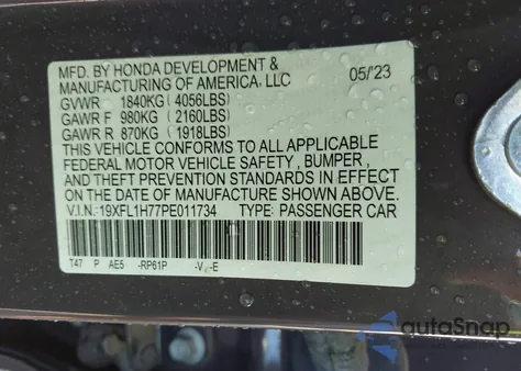 2023 Honda Civic Ex-L /Ex-L W/O Bsi из США, поврежденный, VIN 19XFL1H77PE011734